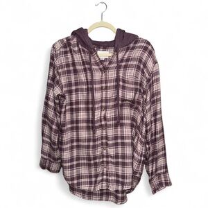 American Eagle Women’s Purple Plaid Hooded Button Down Flannel Shirt Size Medium